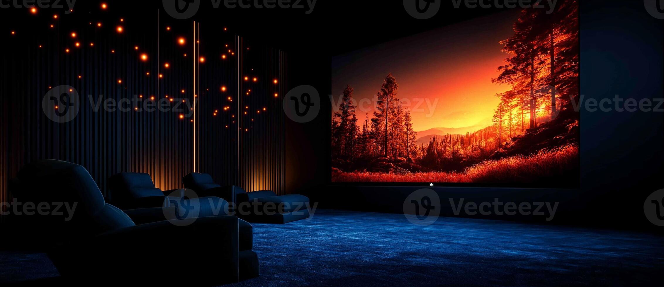 Luxurious home cinema room with comfortable black leather chairs, large screen displaying vibrant sunset landscape, and ambient lighting creating cozy atmosphere photo
