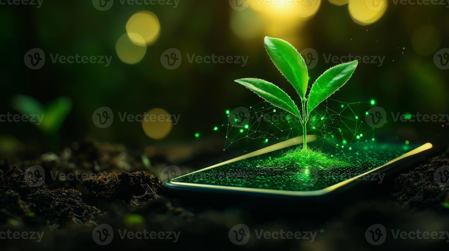 seedling growing from smartphone symbolizes technology and nature harmony. vibrant green leaves and digital elements represent innovation and sustainability photo