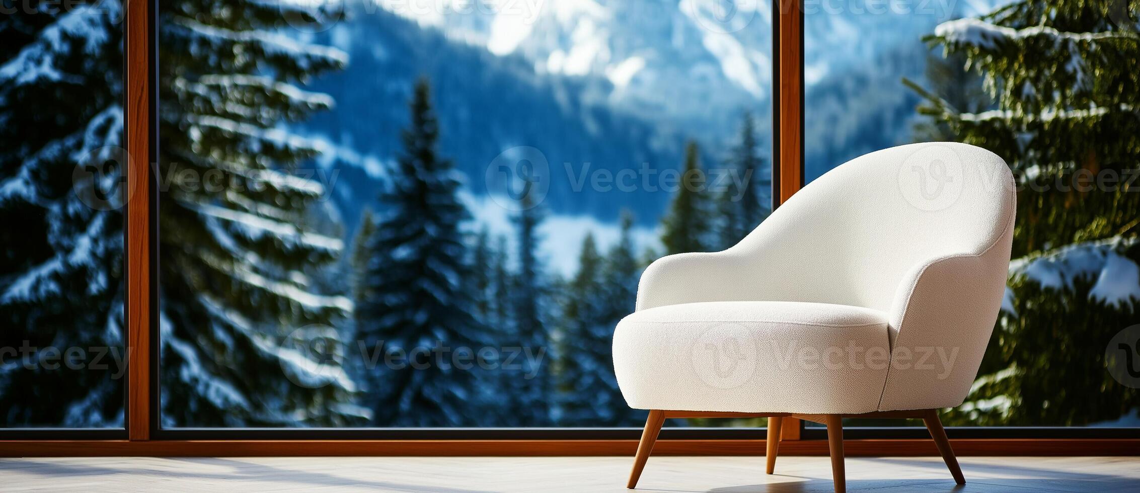 cozy white armchair in modern room with stunning snowy mountain view. large windows frame serene landscape, creating peaceful atmosphere photo