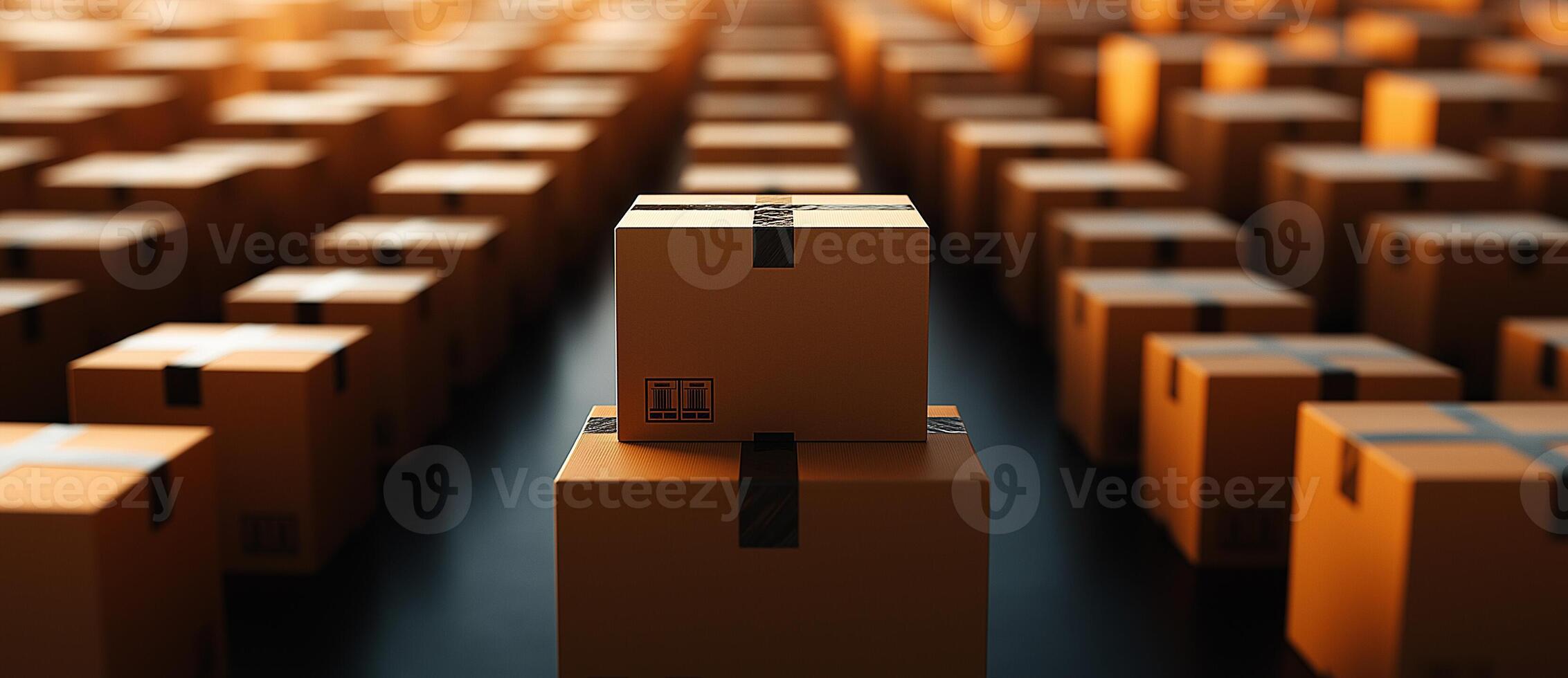 large number of cardboard boxes arranged in warehouse setting, creating sense of depth and organization. warm lighting enhances industrial atmosphere photo