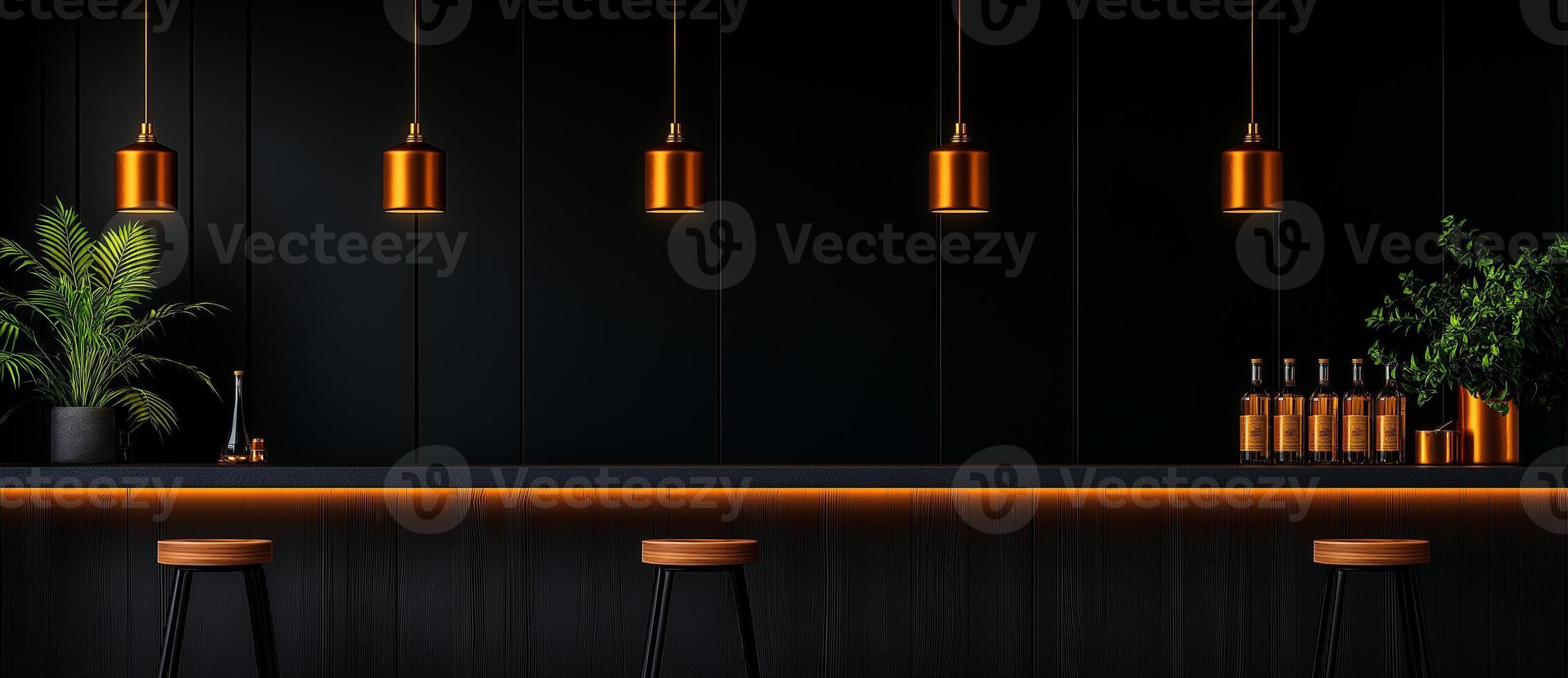 Modern kitchen interior with sleek bar, illuminated by warm pendant lights, featuring stylish plant and bottles on counter photo