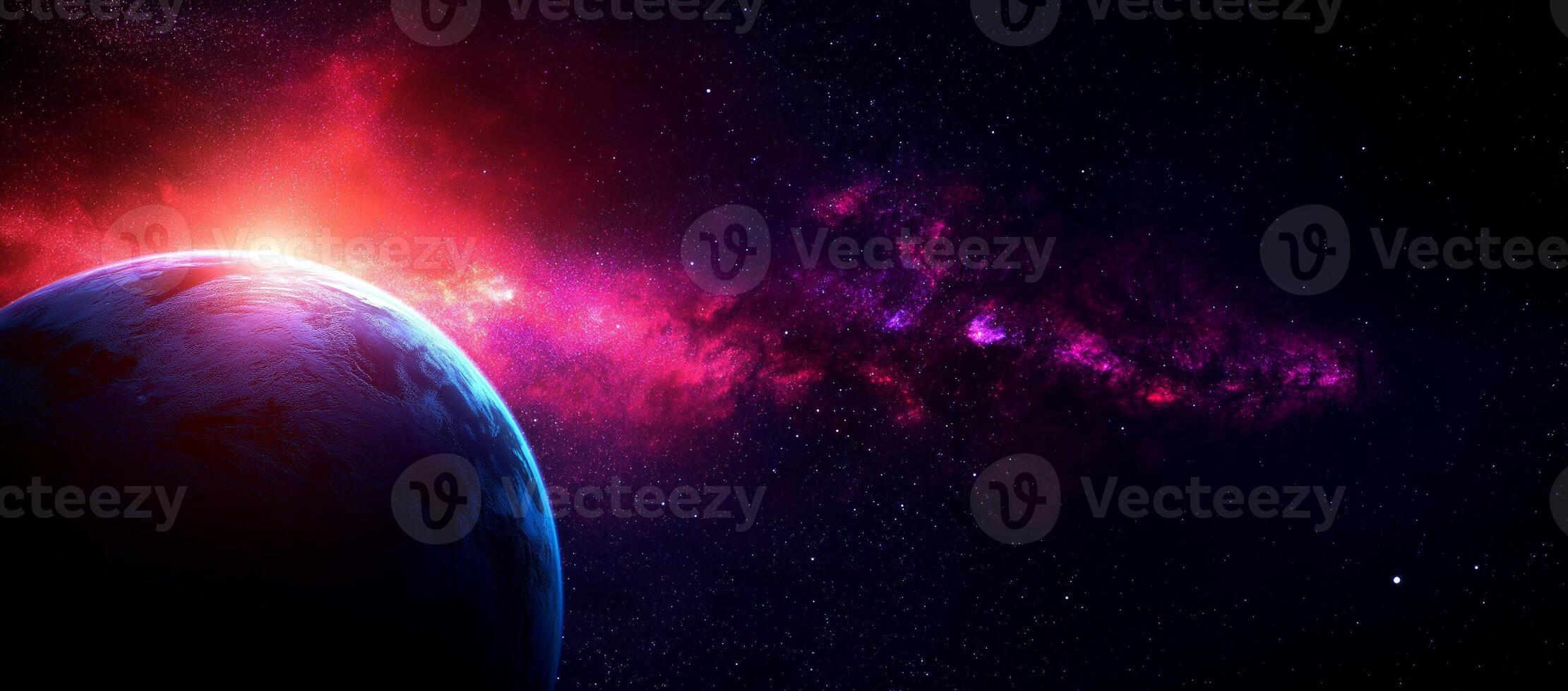 stunning view of planet in space, surrounded by vibrant cosmic colors and glowing galaxy. scene evokes sense of wonder and exploration photo