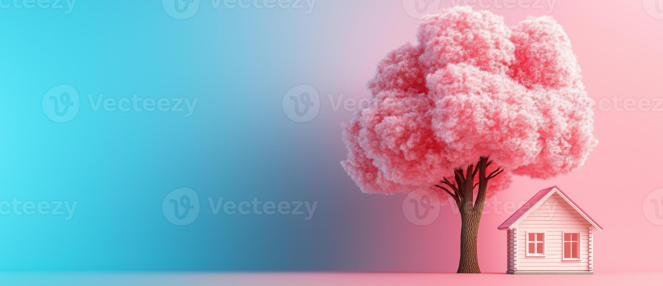 simple house with pink tree in front, set against pastel background, evokes whimsical and serene atmosphere photo