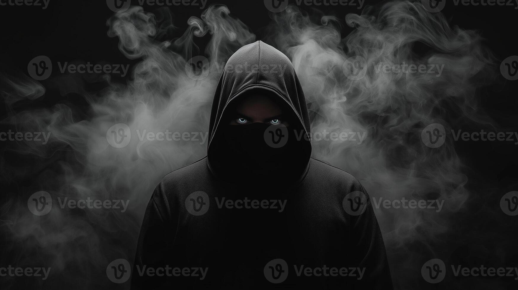 mysterious figure in hooded cloak stands against dark background, with piercing blue eyes visible through shadows and swirling smoke, creating intense atmosphere photo