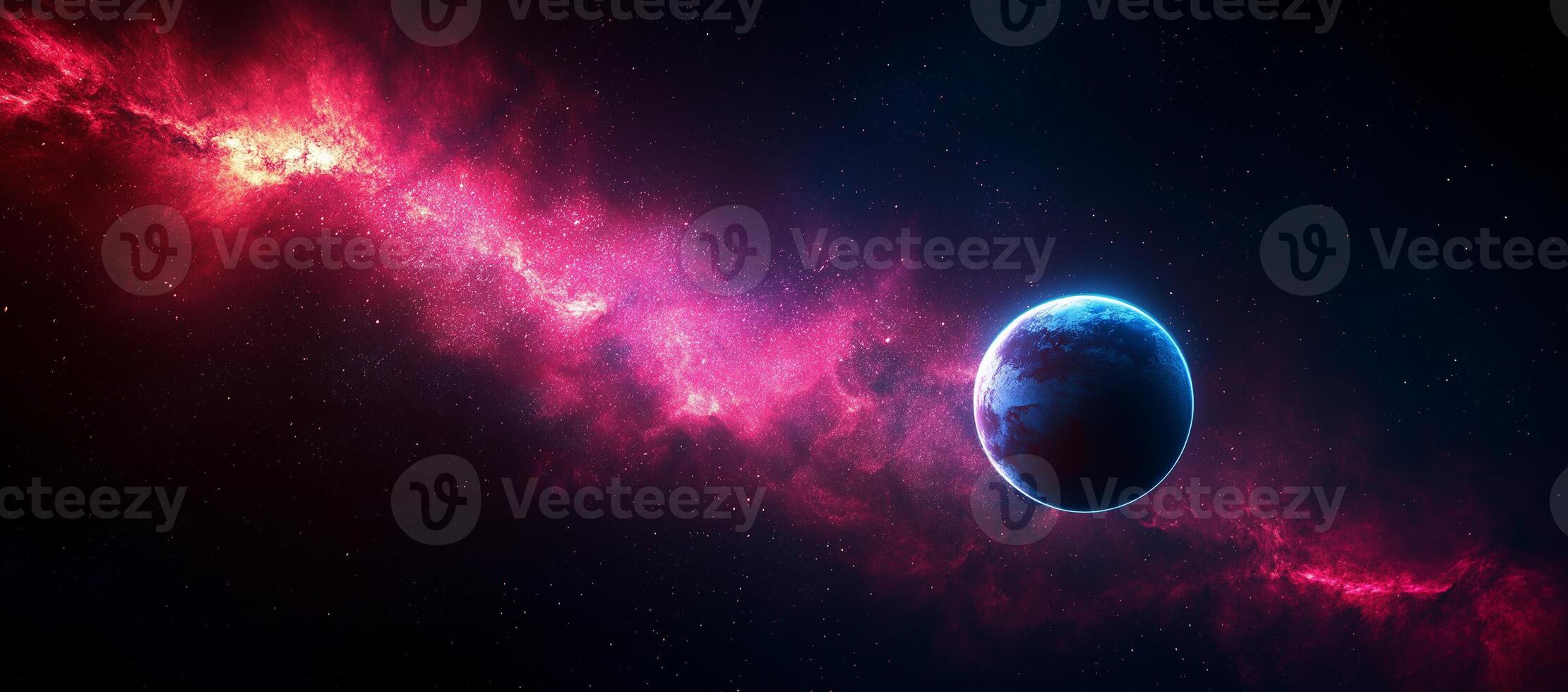 stunning cosmic scene featuring vibrant galaxy with glowing planet amidst swirling stars and colorful nebulae, evoking sense of wonder and exploration photo