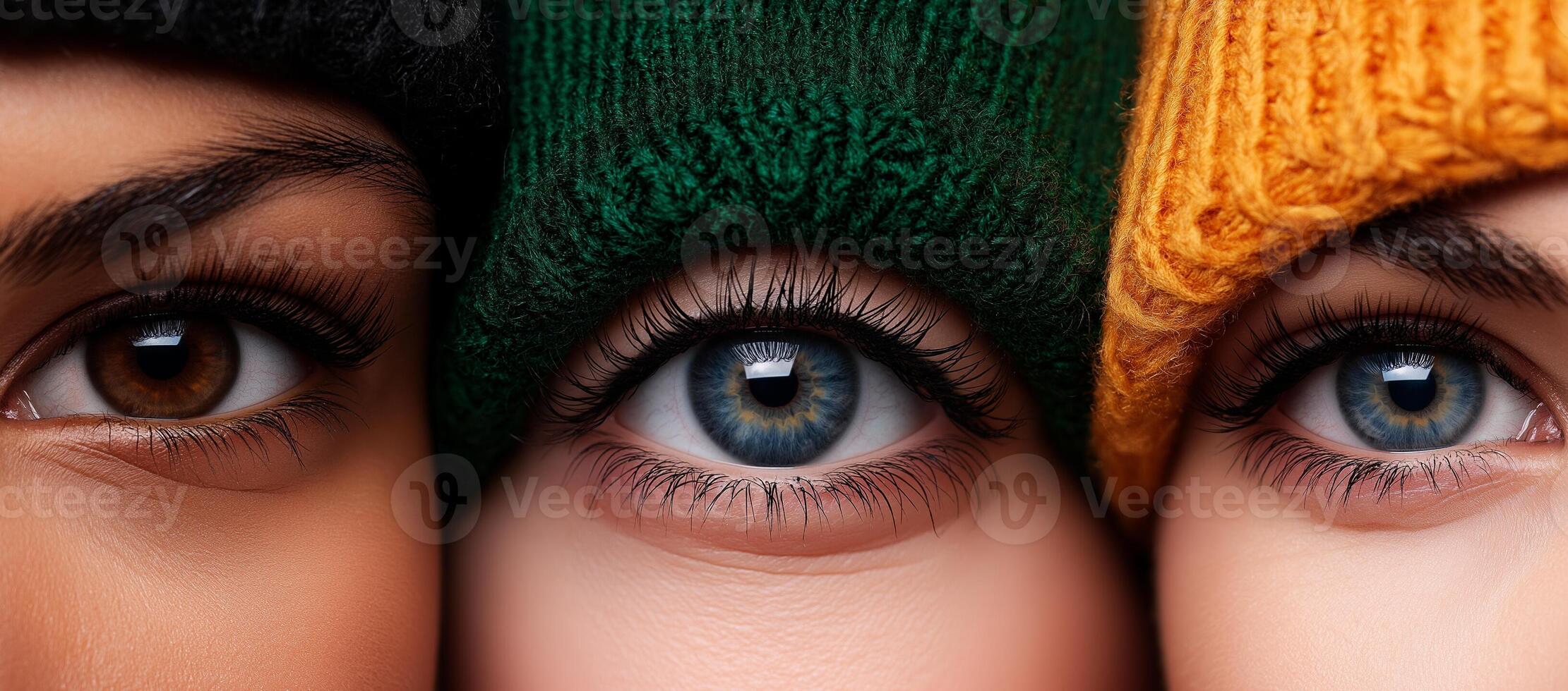 close up of three pairs of eyes showcasing diverse eye colors, including brown, blue, and green, with knitted hats in black, green, and orange photo