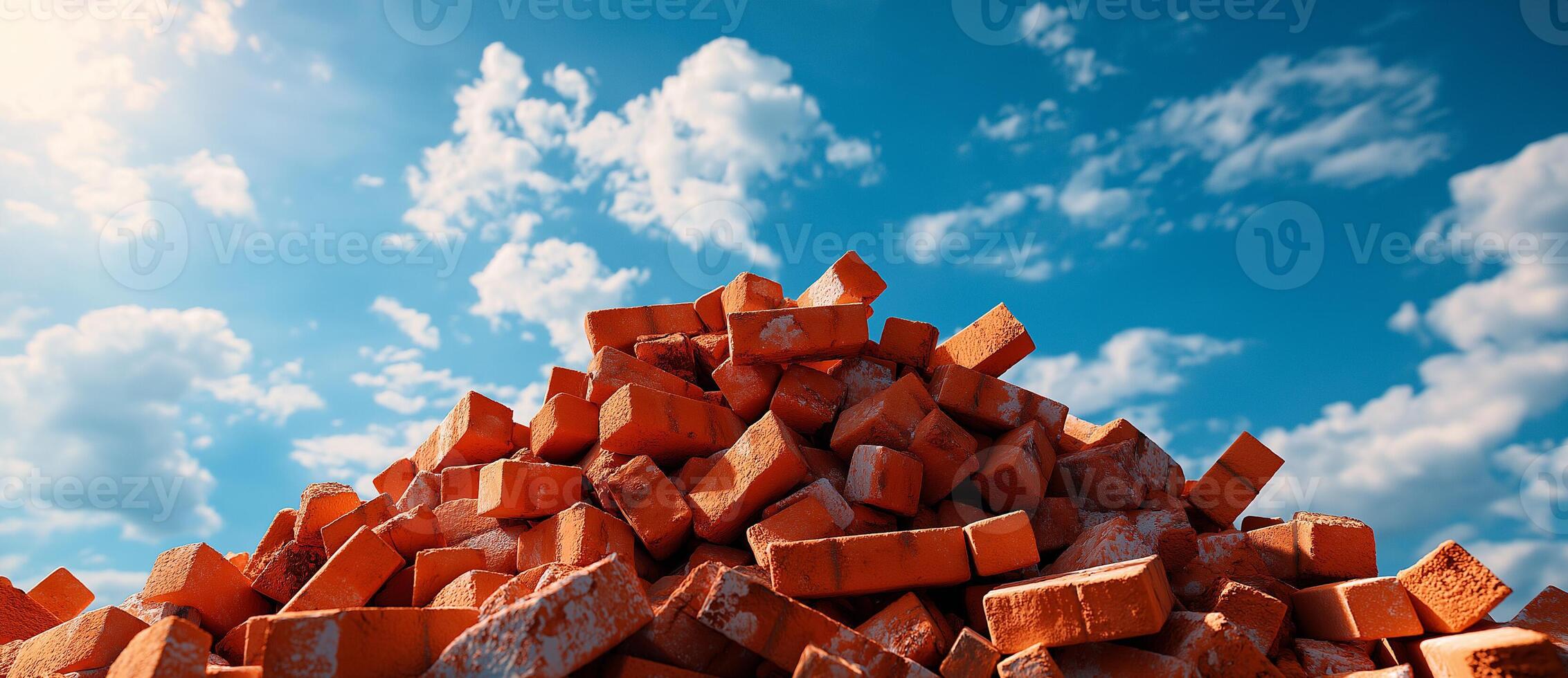Piles of orange bricks against bright blue sky with fluffy clouds create striking construction scene. vibrant colors evoke sense of industriousness and potential photo
