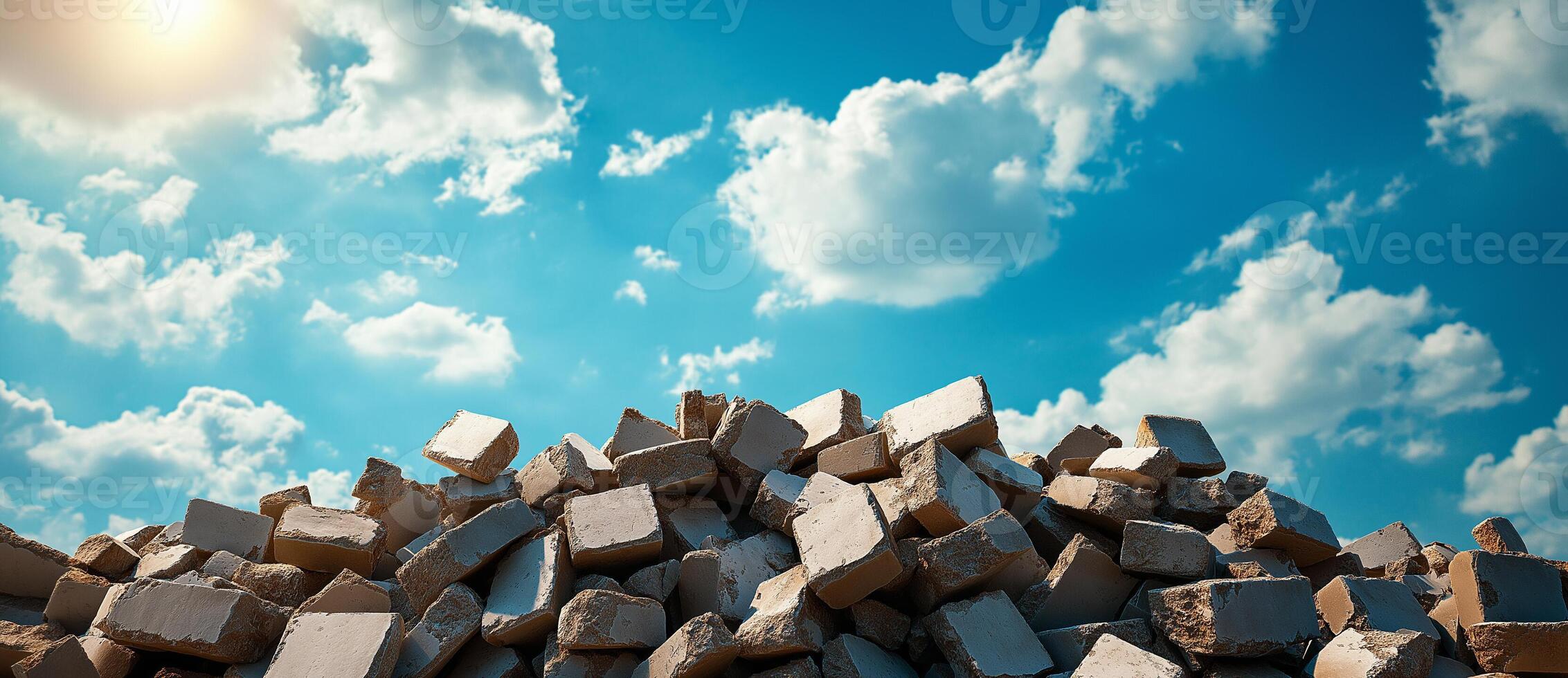 pile of broken concrete blocks under bright blue sky with fluffy clouds, showcasing texture and color of materials. scene evokes sense of industrial decay and nature beauty photo