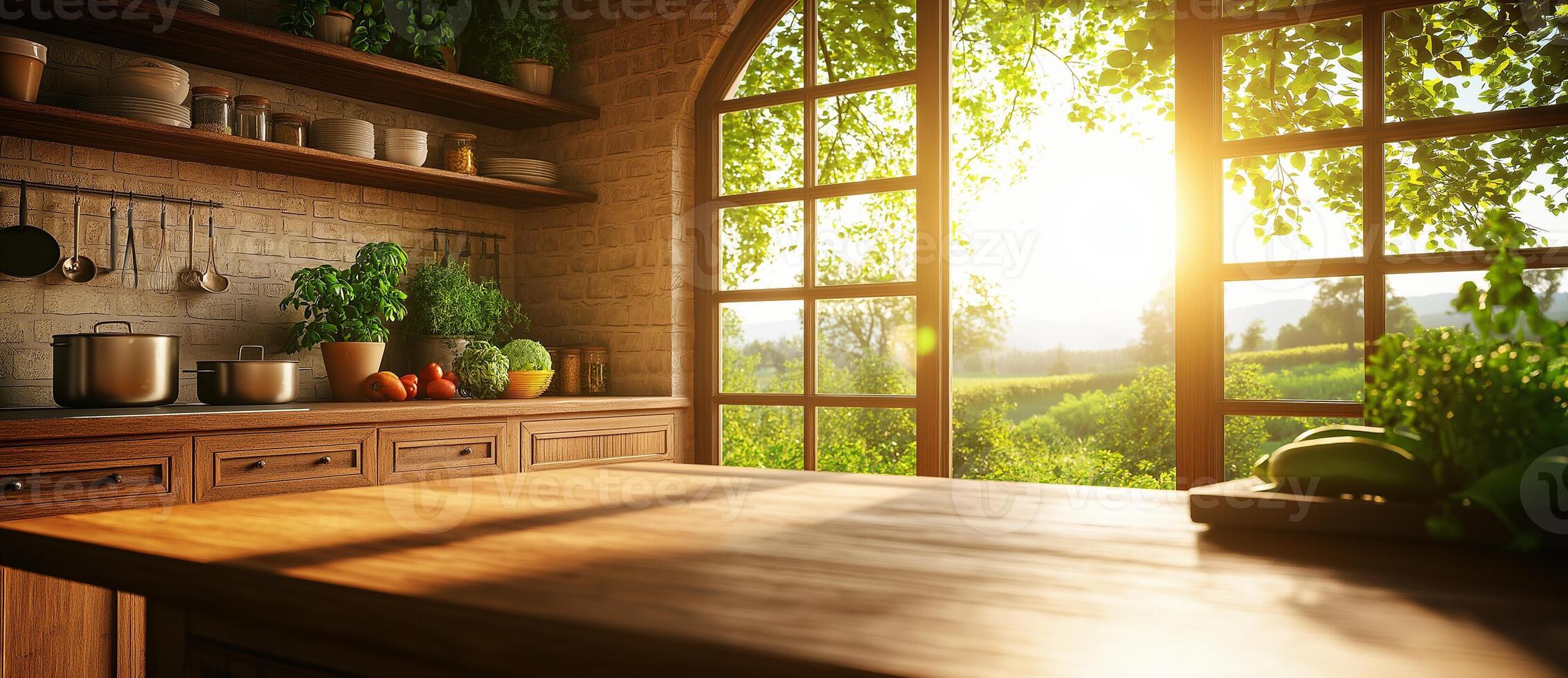rustic country kitchen featuring wooden cabinets, island, and large windows showcasing beautiful garden view. warm sunlight creates cozy atmosphere, perfect for cooking and gathering photo
