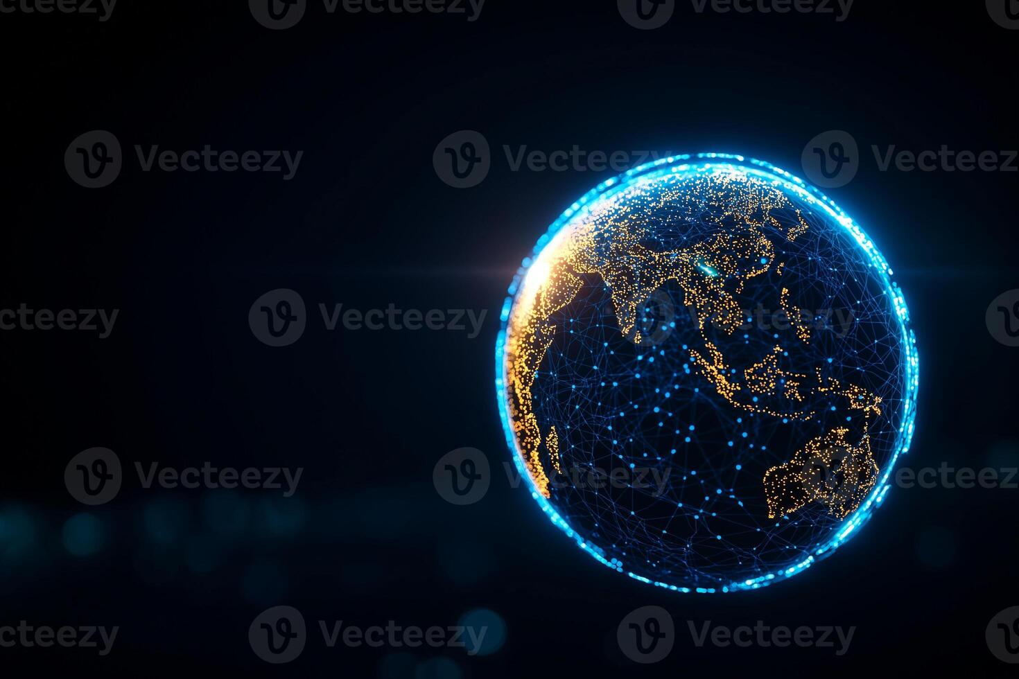 digital Earth hologram with glowing blue lines and illuminated cities, showcasing futuristic view of planet. image evokes sense of connectivity and technology photo