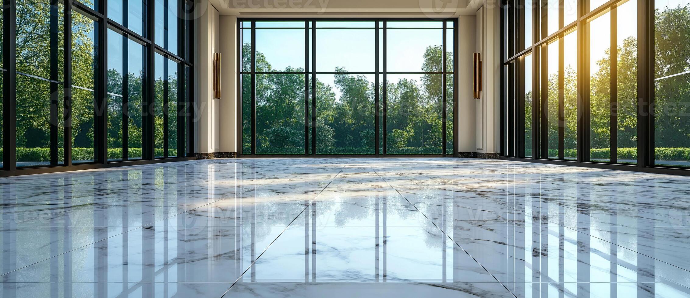 large empty room with white marble flooring and expansive windows showcasing lush green landscape. sunlight creates warm and inviting atmosphere photo