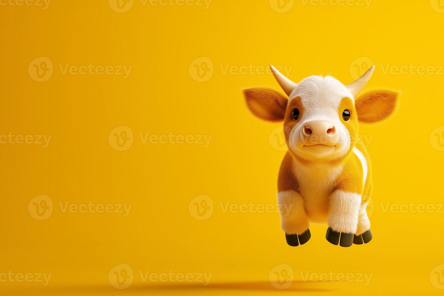 cute cartoon cow character jumping against bright yellow background, exuding joy and playfulness. This whimsical design captures essence of fun and creativity photo