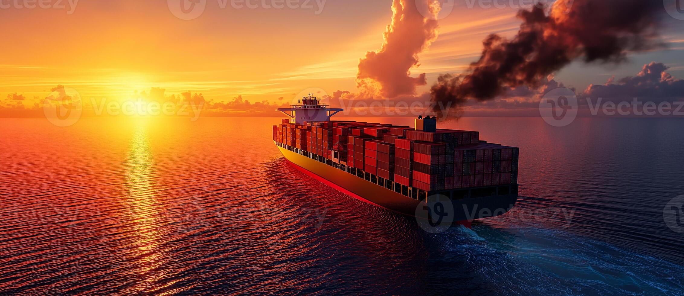 cargo ship with containers sailing on sea at sunset, creating stunning view with vibrant colors and smoke trailing from ship photo