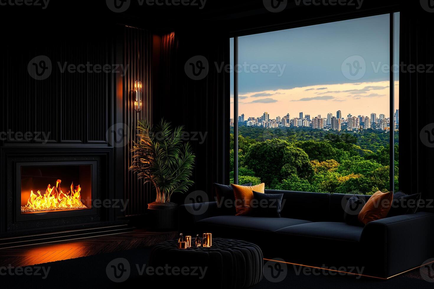 modern living room with dark luxurious interior design, featuring cozy fireplace and stunning city view through large window. ambiance is warm and inviting photo