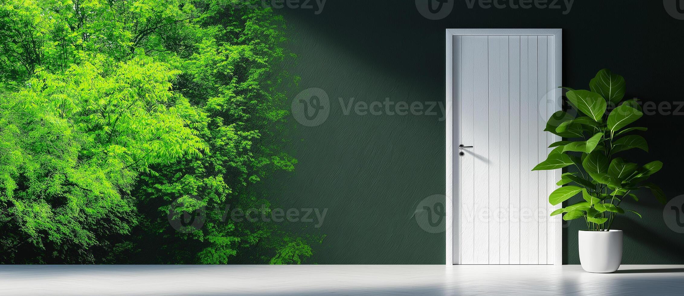 white door stands against dark wall adorned with vibrant green foliage, creating refreshing and serene atmosphere. indoor plant adds touch of nature to space photo