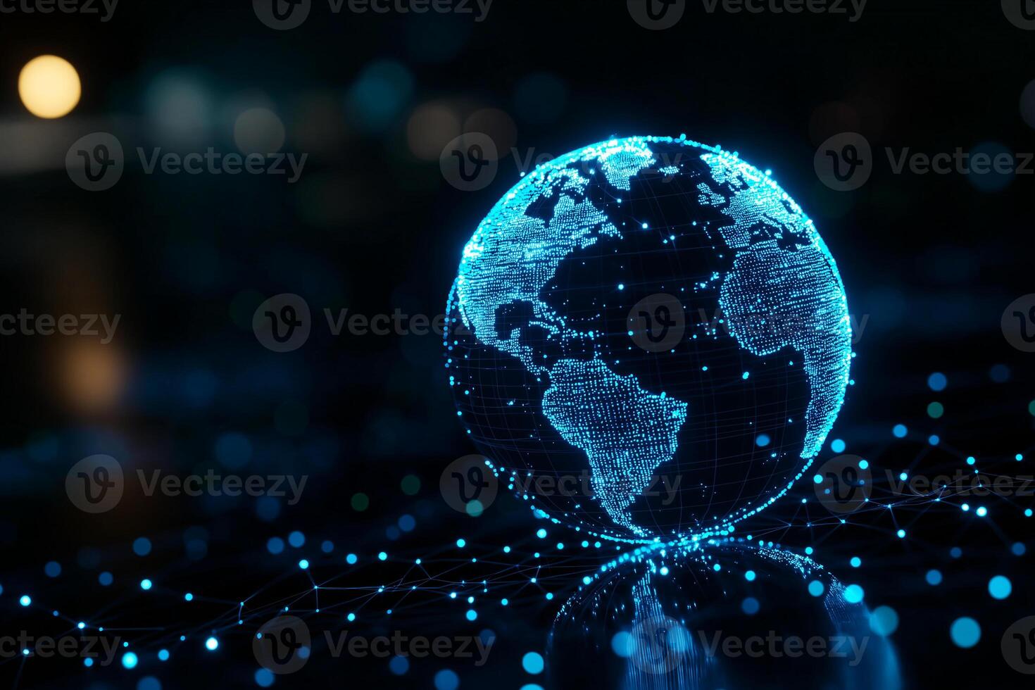 digital Earth hologram with blue neon lights, showcasing global network. globe is surrounded by glowing dots, representing connectivity and technology photo