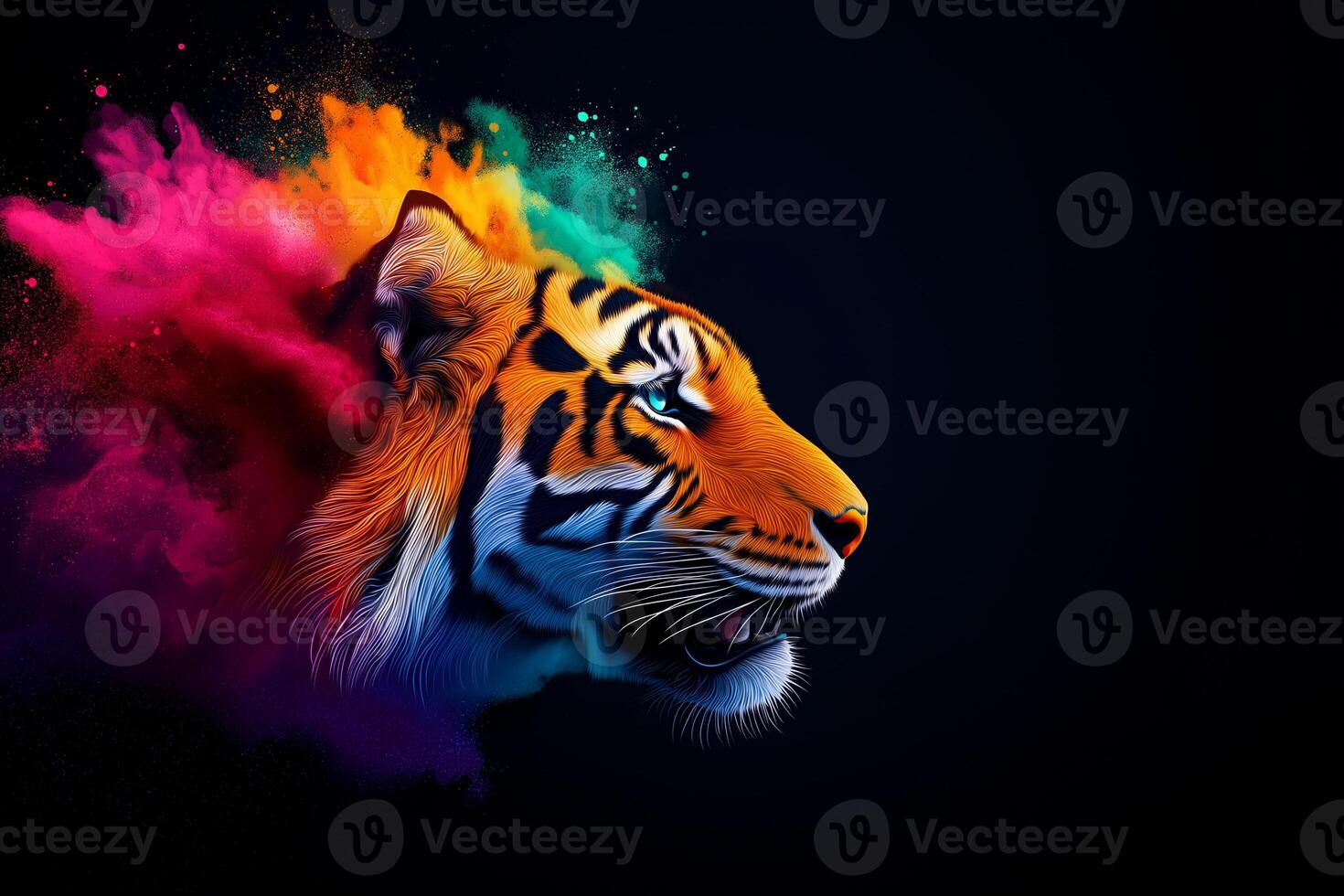 Colorful illustration of vibrant tiger with dynamic splash of colors, showcasing its fierce expression and striking features against dark background photo