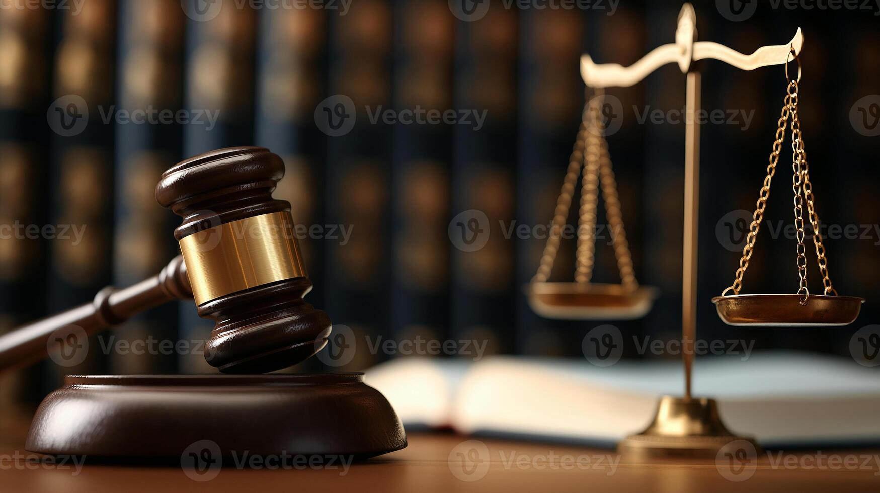 gavel and scales of justice on table in law office, symbolizing legal authority and fairness. background features law books, enhancing professional atmosphere photo
