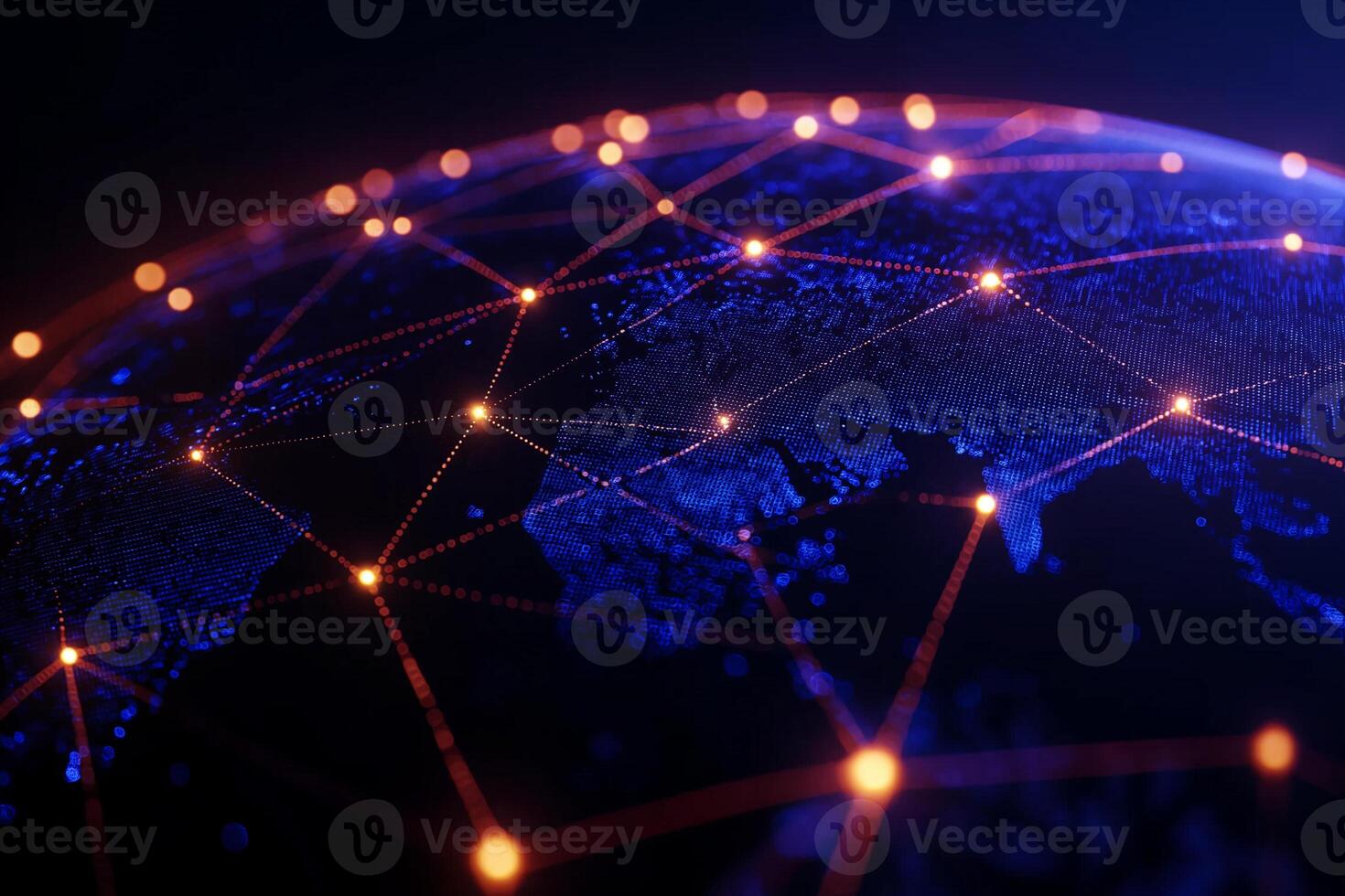 Digital world map with global connectivity and network visualization, showcasing illuminated nodes and lines representing data flow and communication across continents photo