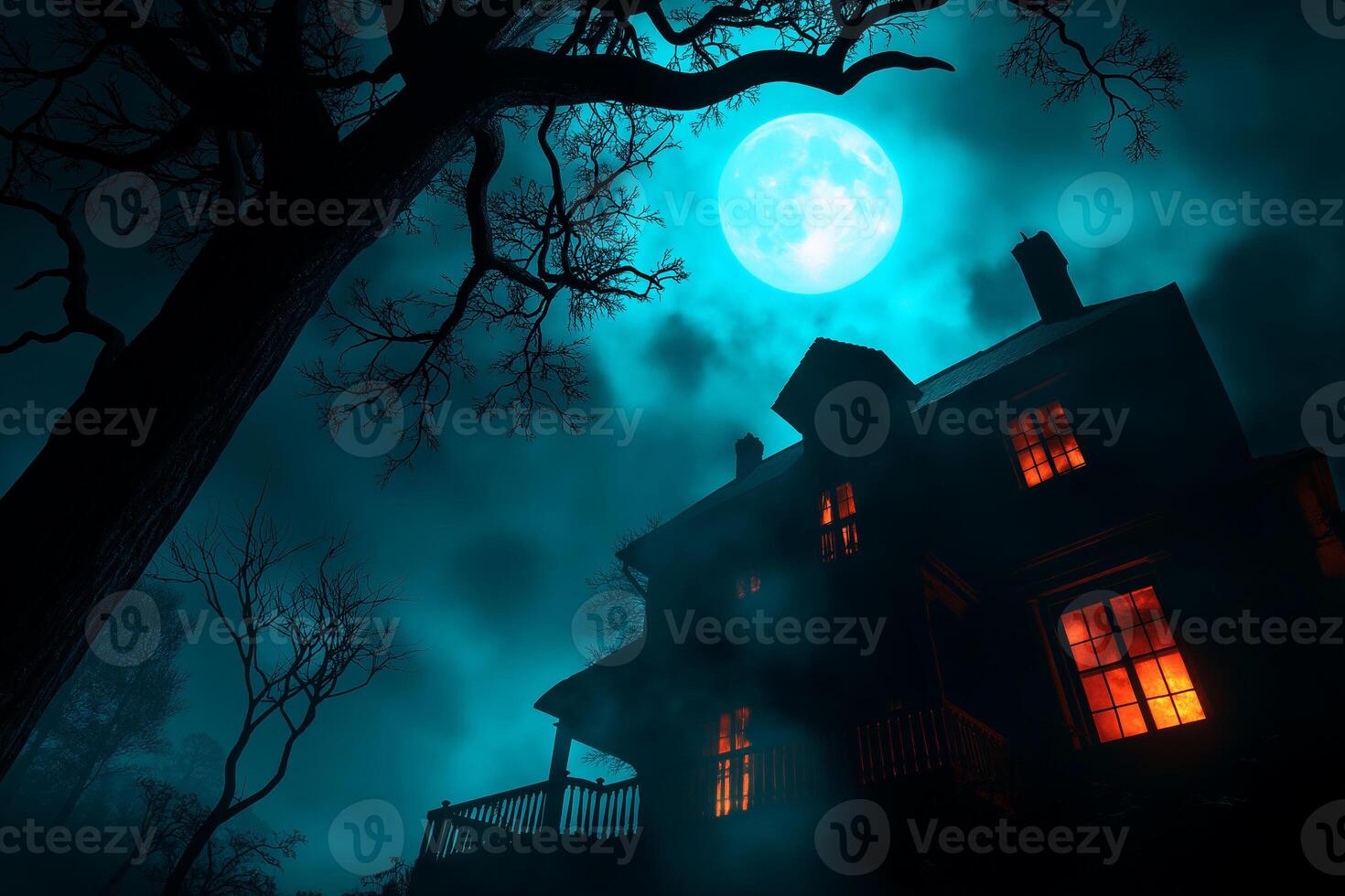 spooky Victorian house illuminated by eerie moonlight, surrounded by fog and dark trees, creates haunting atmosphere. glowing windows add to chilling effect photo