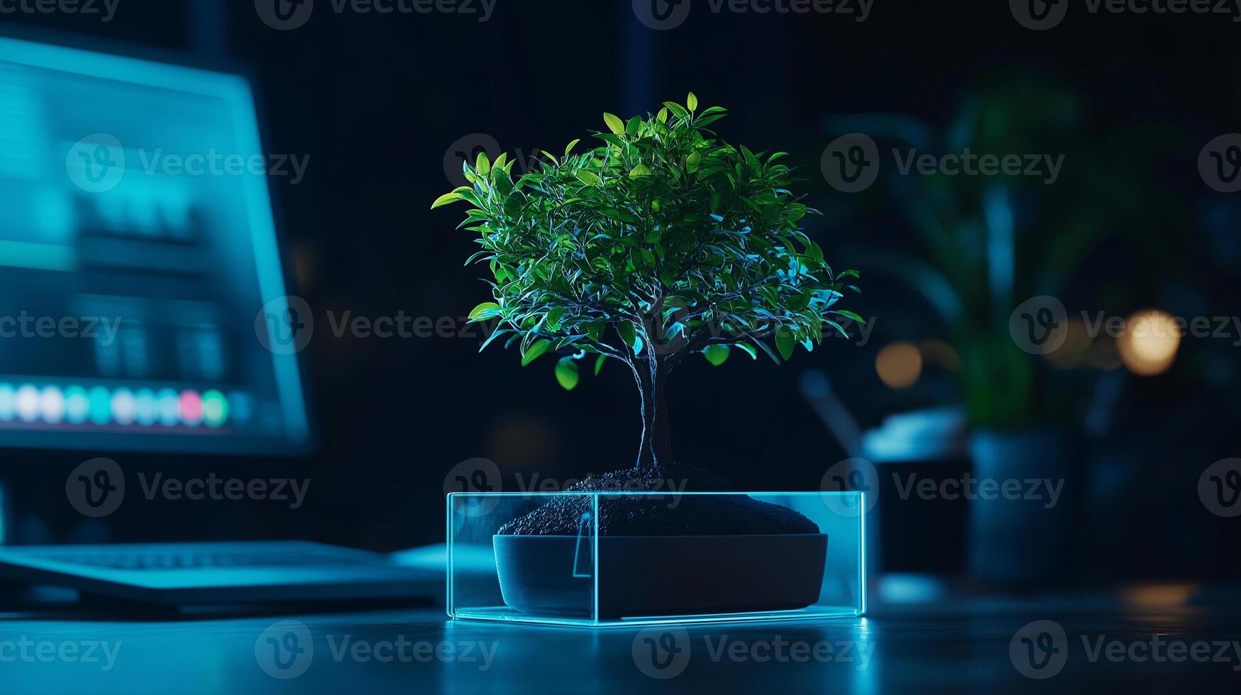 3D printer creating bonsai tree inside glass case, showcasing innovation and technology in design. scene highlights intricate details of printing process photo
