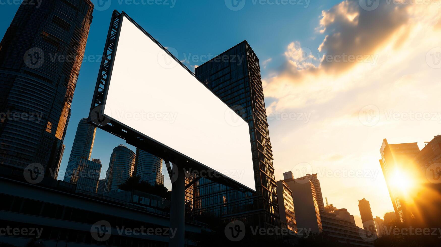 empty blank white billboard stands tall against vibrant city skyline at sunset, showcasing contrast between urban architecture and colorful sky photo