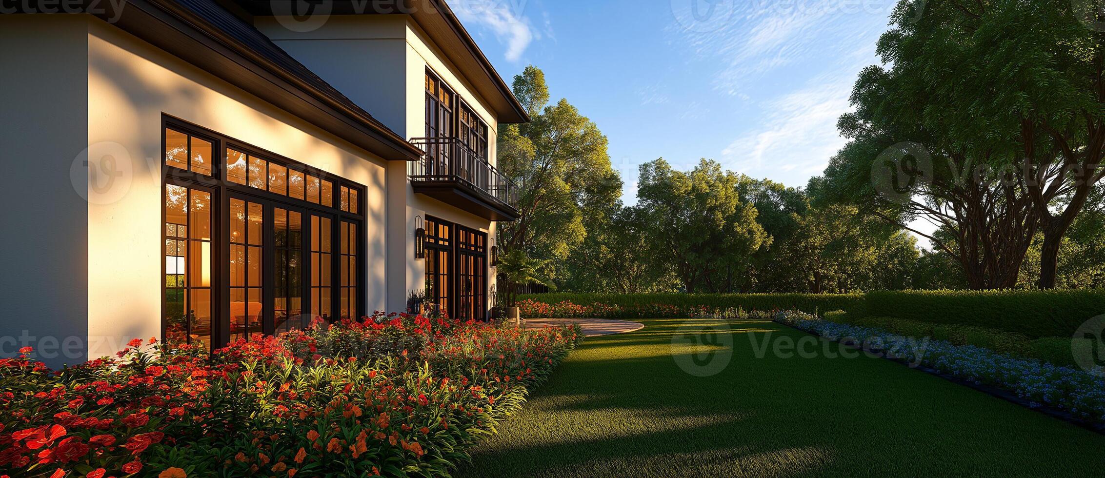 modern classic house with large windows surrounded by vibrant flowers and lush greenery, creating serene outdoor space. sunlight enhances beauty of landscape photo