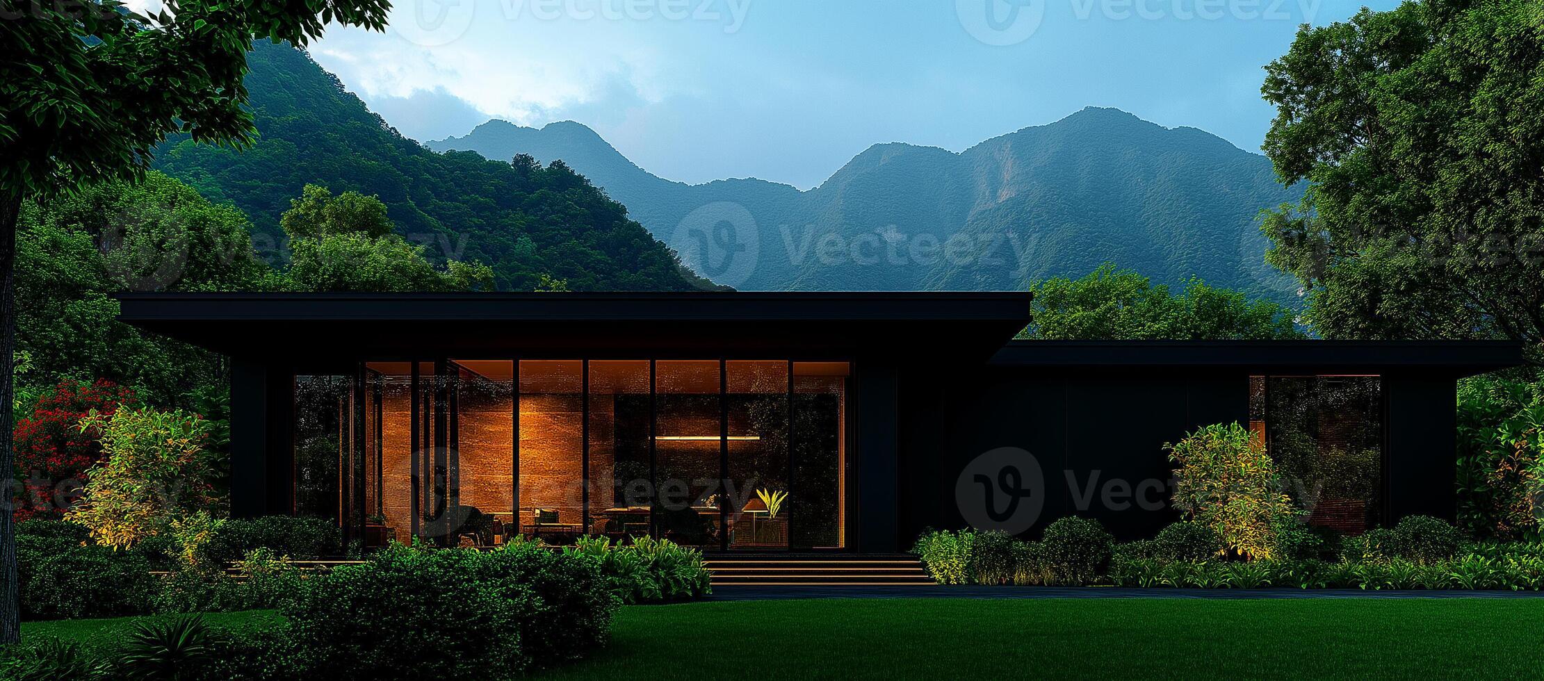 modern two story house in mountains, surrounded by lush greenery and illuminated by warm lights, creating serene and inviting atmosphere photo
