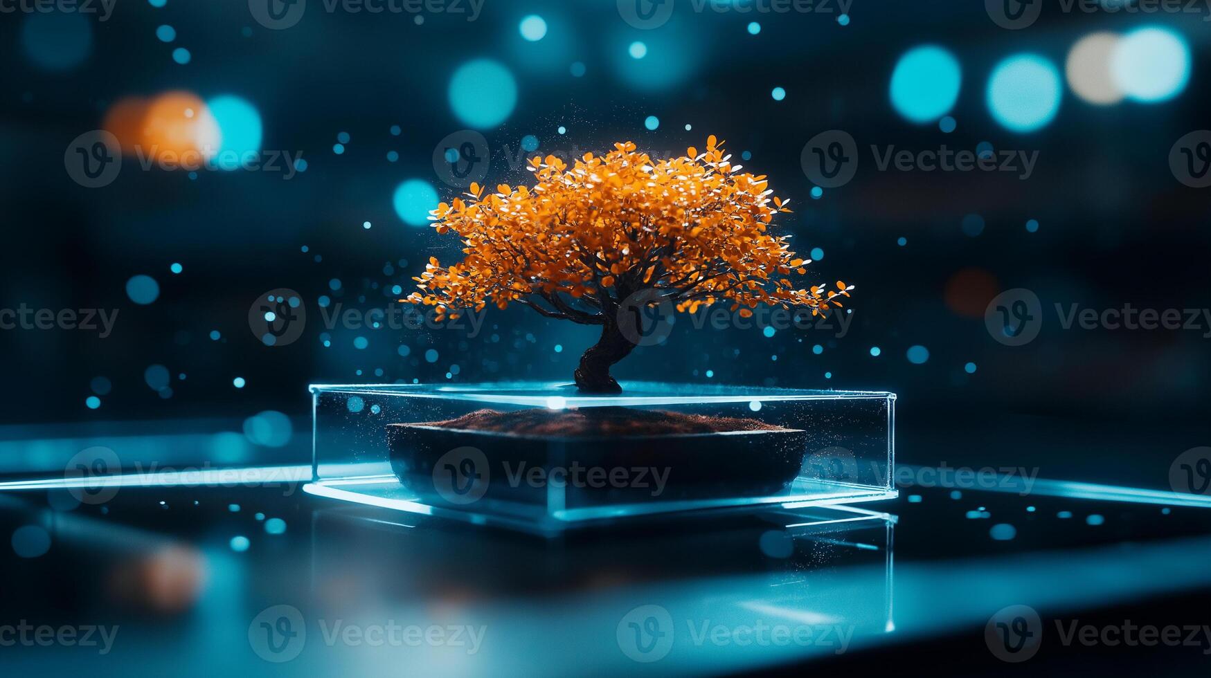 3D printer creating orange bonsai tree under blue lighting, showcasing intricate details and vibrant colors. scene evokes sense of innovation and artistry photo
