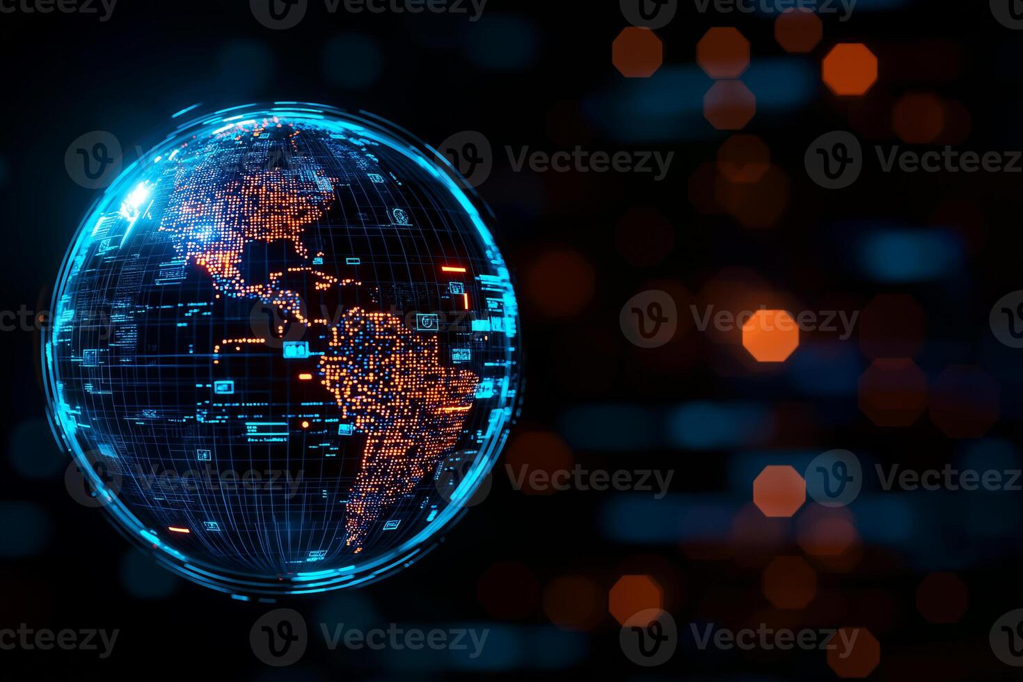 Digital Earth hologram with glowing continents and data connections, showcasing futuristic view of world. Ideal for technology and global communication themes photo