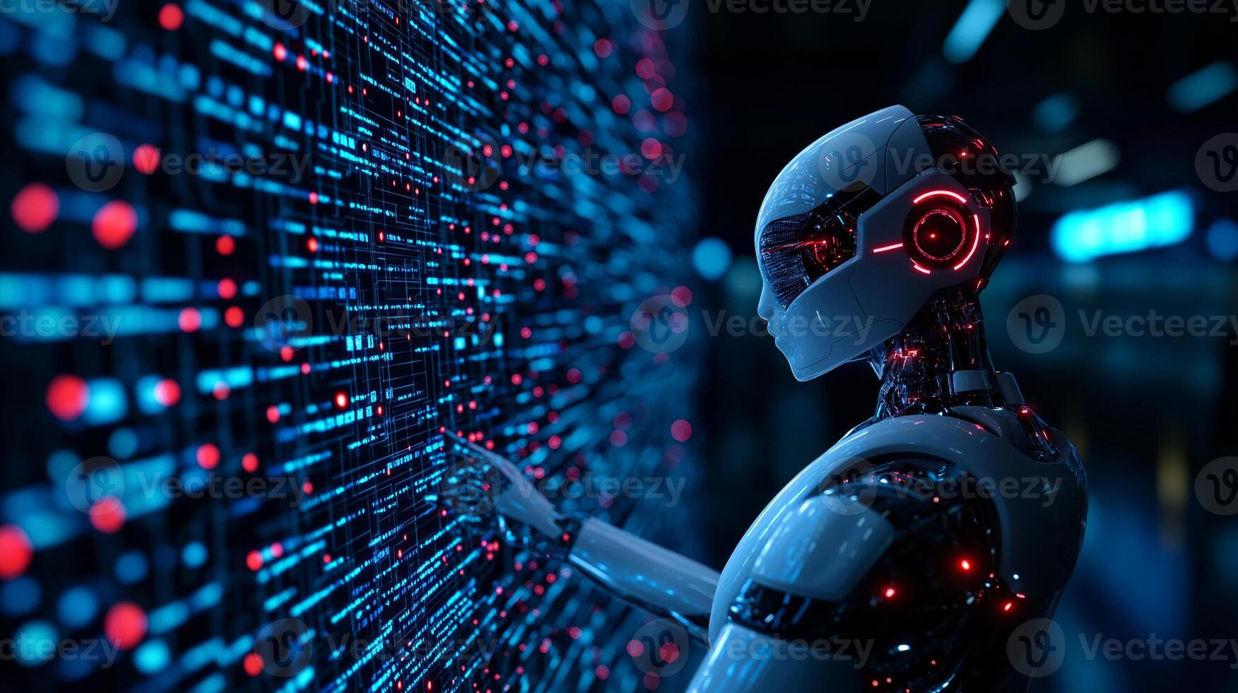 futuristic robot interacting with digital interface, showcasing advanced technology and artificial intelligence. scene is illuminated with vibrant blue and red lights, creating high tech photo