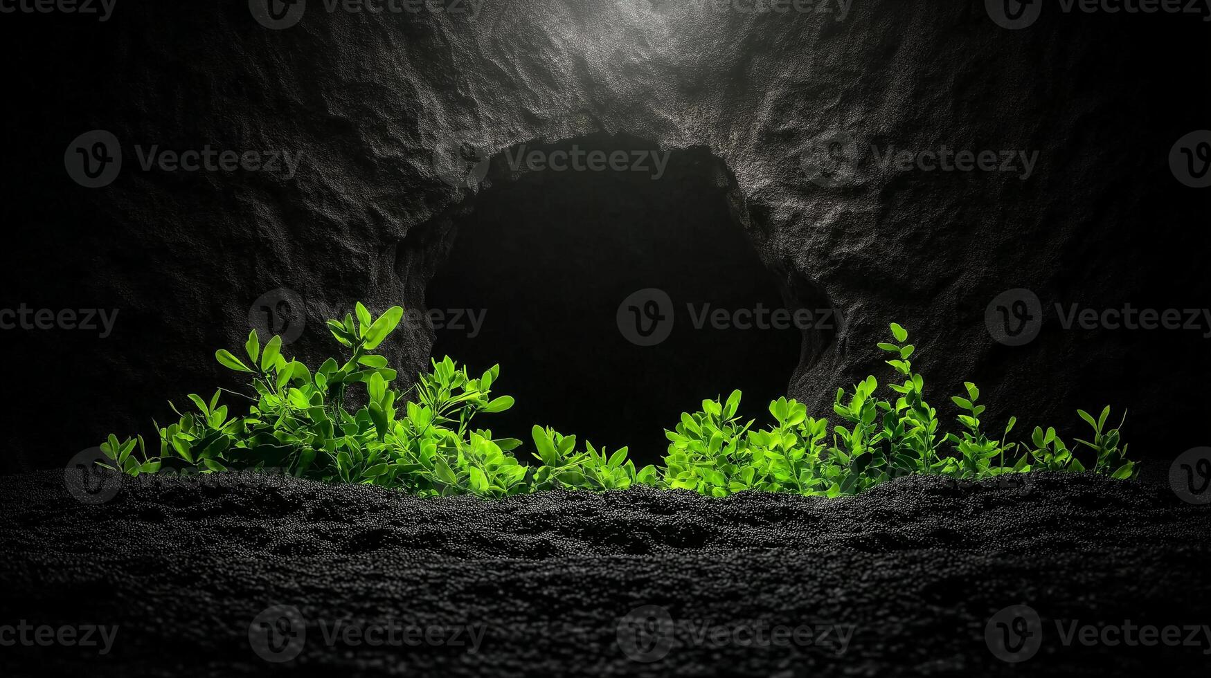 photorealistic rock cave entrance with vibrant green plants emerging from dark soil, creating striking contrast against rocky background photo