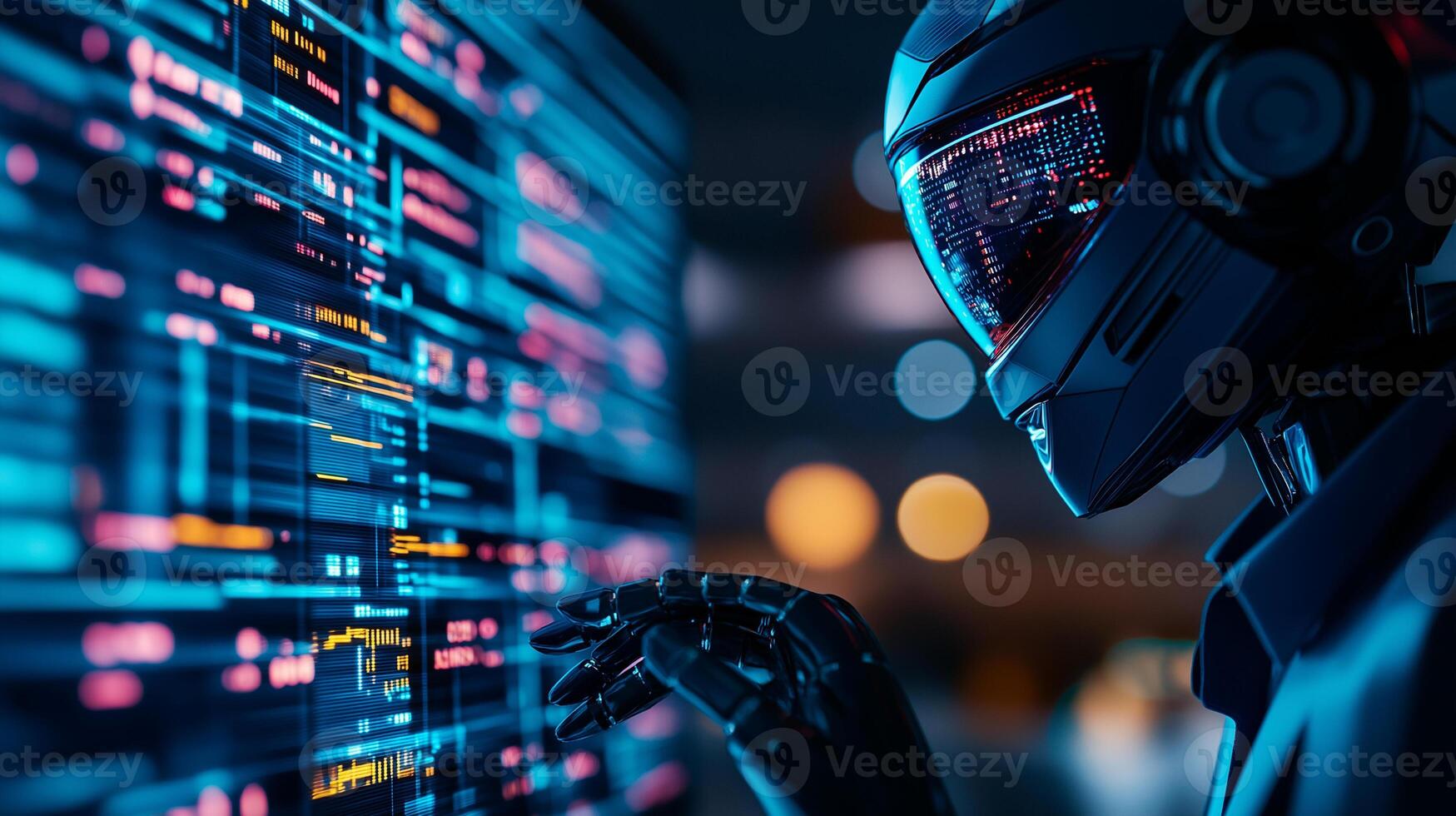 futuristic robot interacting with computer screen displaying vibrant holographic data. scene captures advanced technology and innovation in digital environment photo