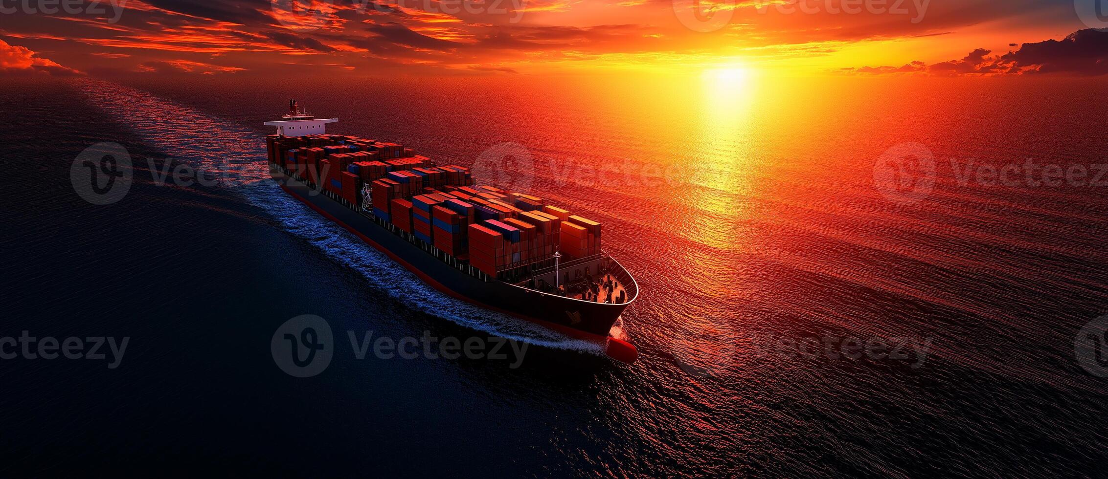 cargo ship with colorful container sail across ocean at sunset, creating stunning view of vibrant sky and calm water photo