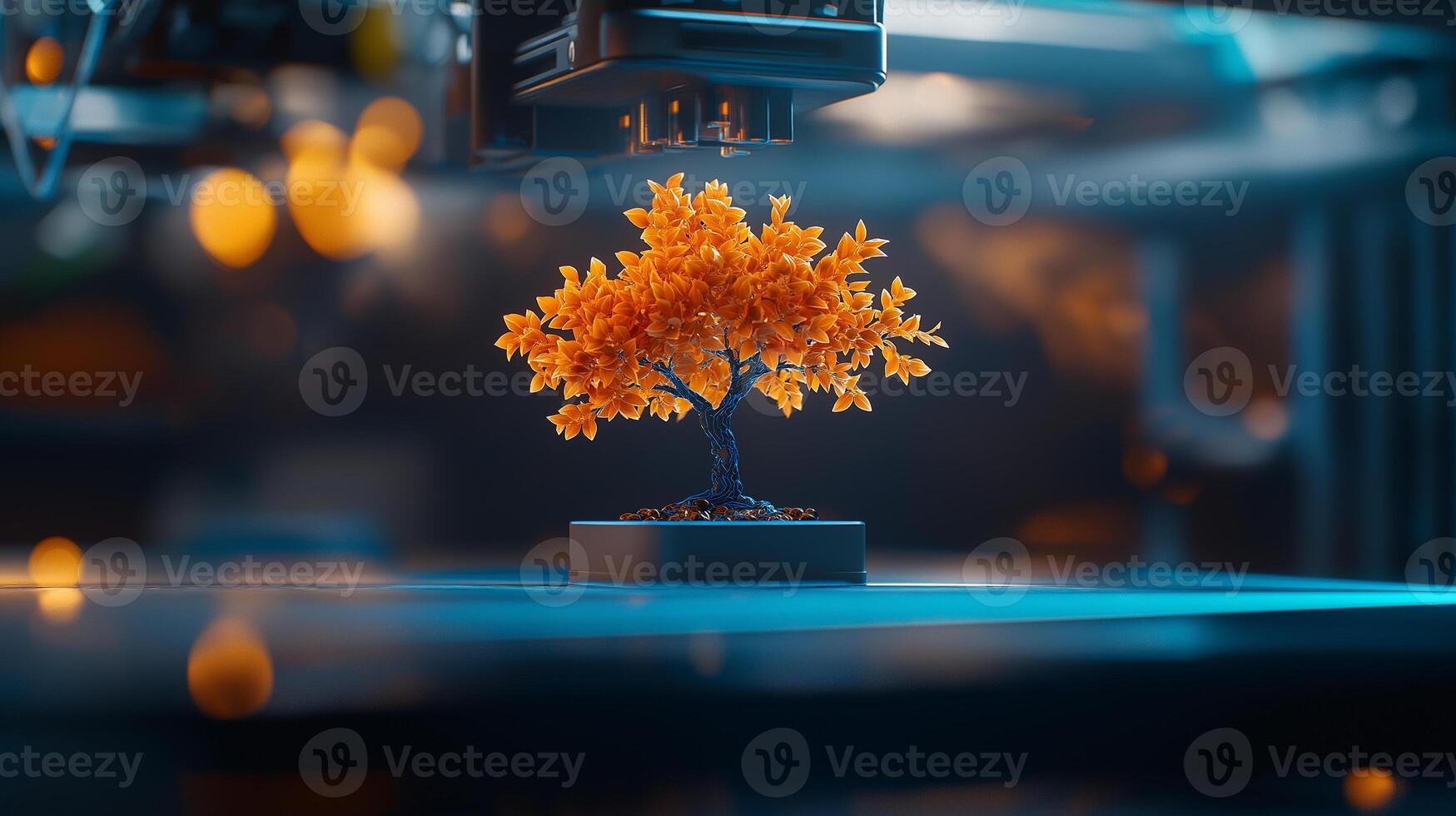 3D printer creating orange bonsai tree under blue lighting, showcasing intricate details and vibrant colors. scene captures fusion of technology and art in modern workspace photo