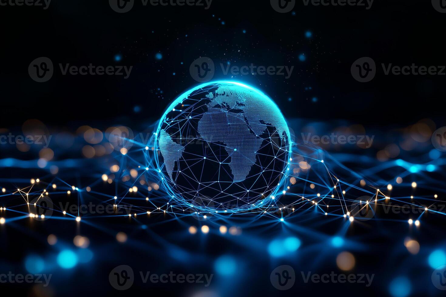 digital Earth hologram surrounded by glowing connections, representing global networking and technology. vibrant blue colors create futuristic atmosphere photo