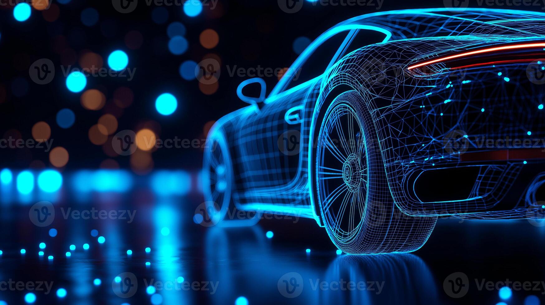 3D wireframe rendering of sports car with glowing lights, showcasing futuristic design and technology. vibrant blue and orange colors create dynamic atmosphere photo