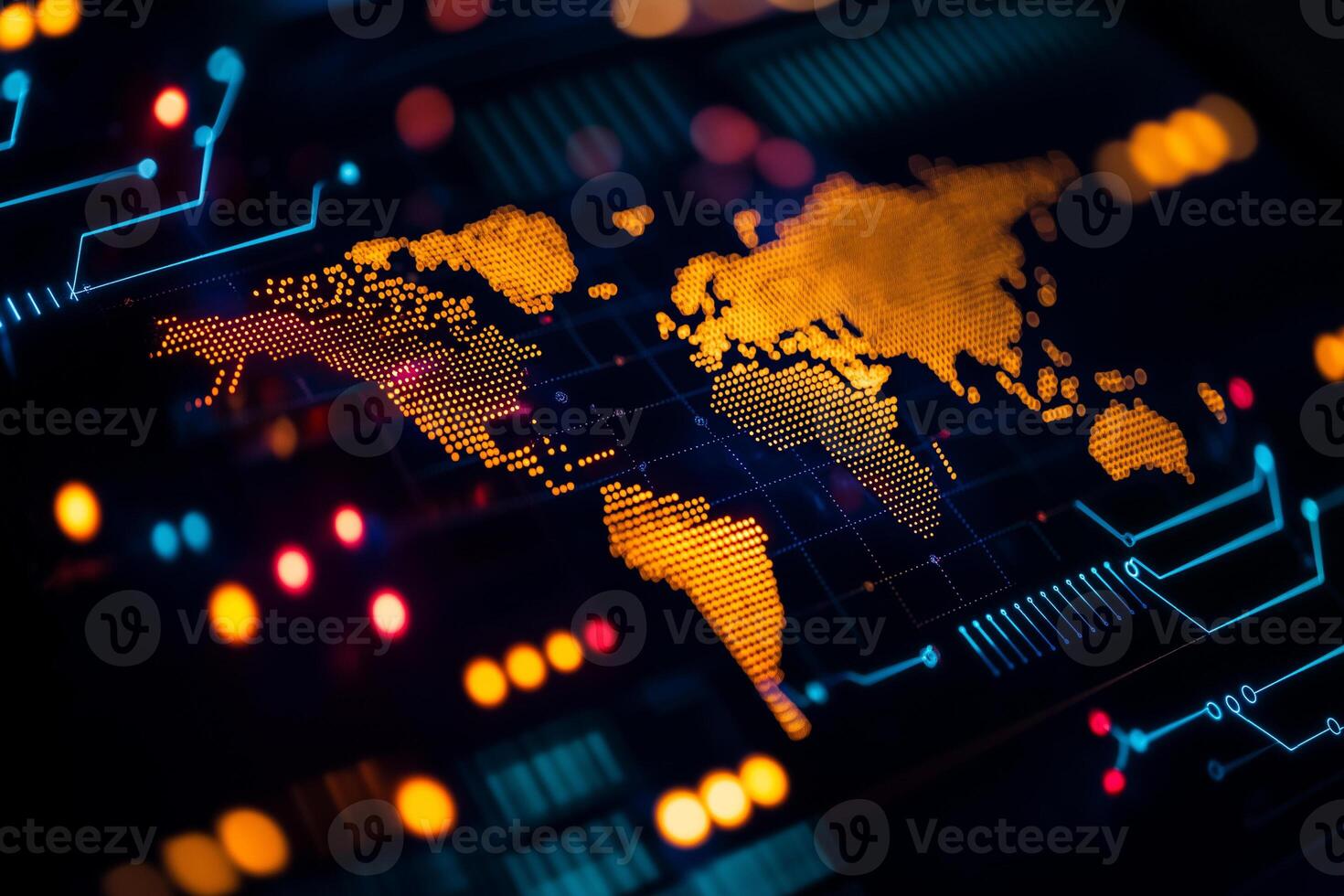 Abstract digital world map with glowing technology elements, showcasing global network. vibrant colors and intricate details evoke sense of innovation and connectivity photo