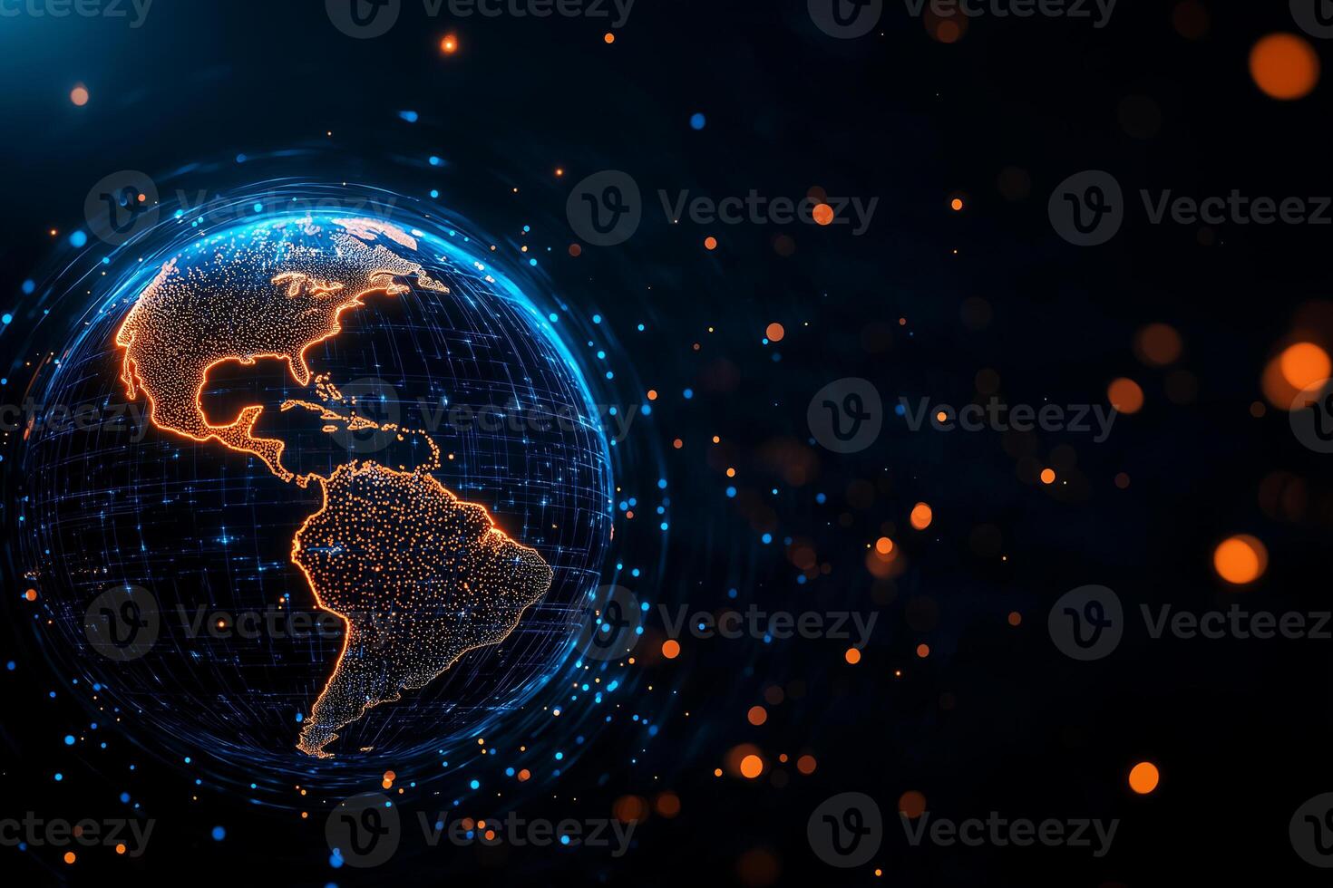 digital Earth hologram with glowing blue and orange elements, showcasing network of connections across continents. This futuristic representation highlights global connectivity and technology photo