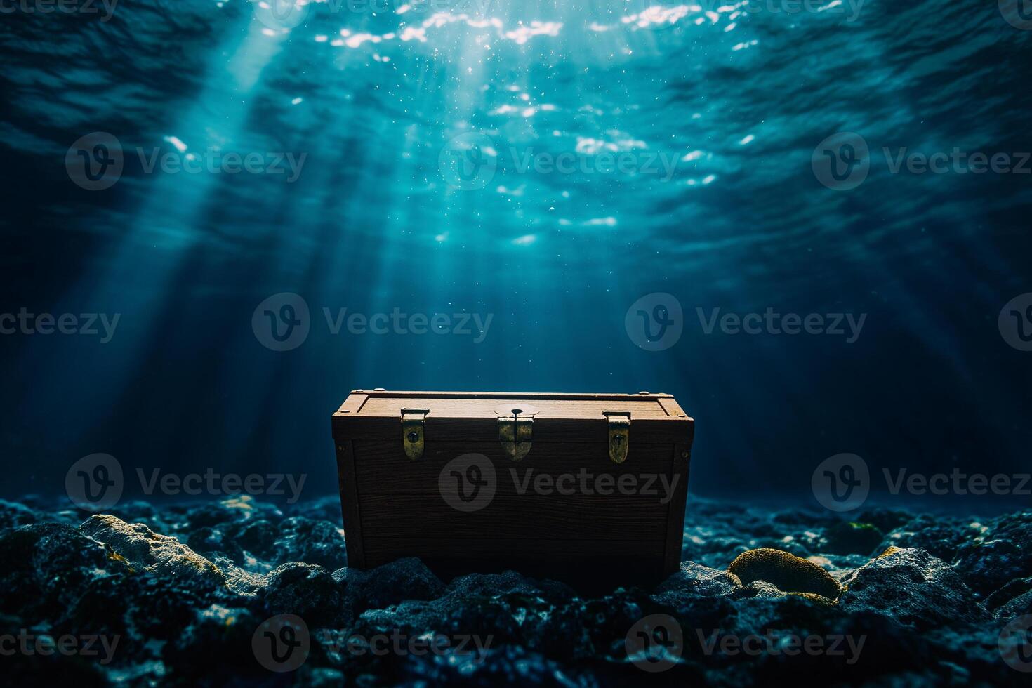 treasure chest resting on ocean floor, illuminated by sun rays filtering through water, creating serene underwater scene photo
