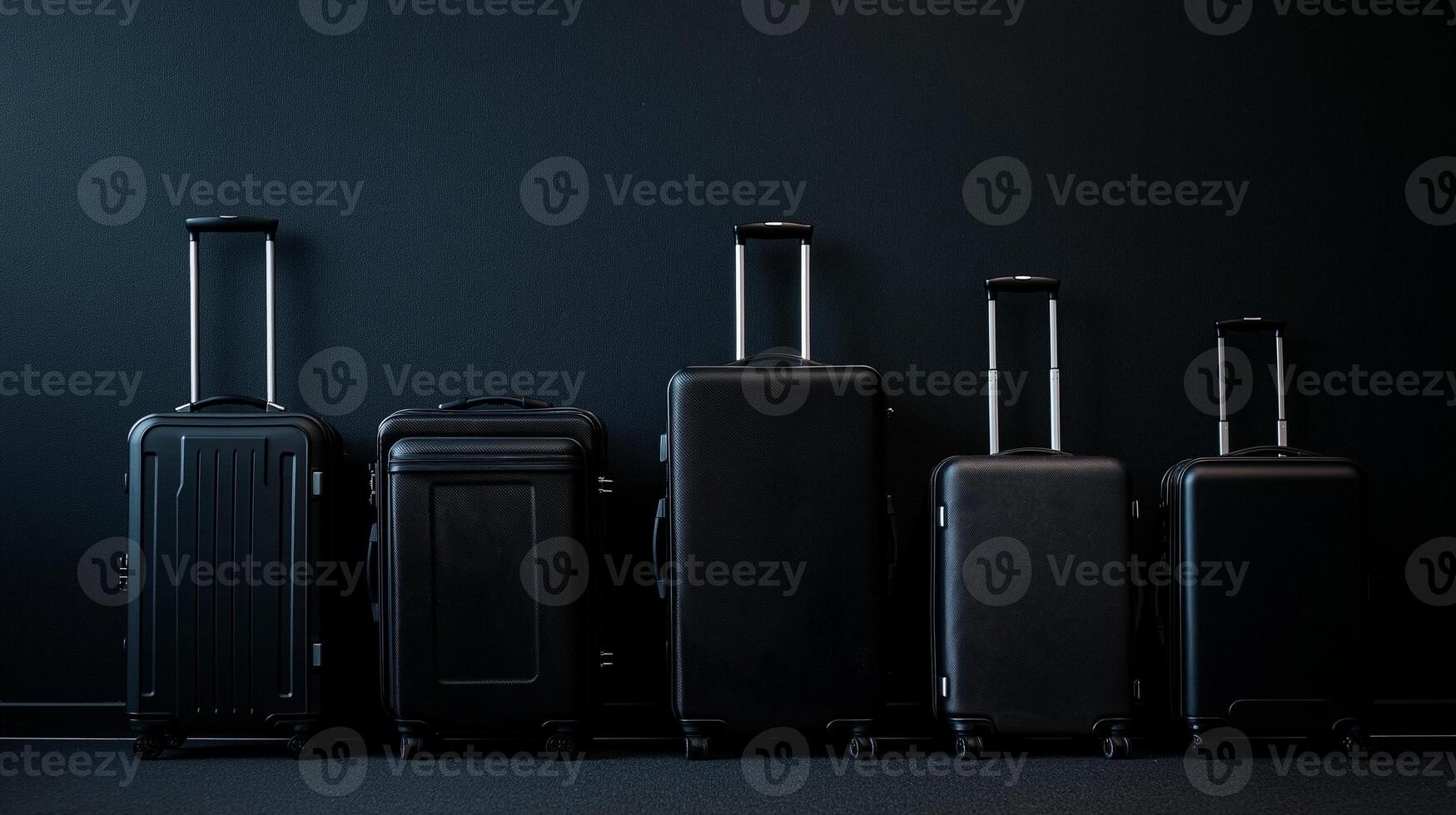 Black travel suitcases in various sizes lined up against dark background, showcasing sleek designs and sturdy wheels. Perfect for stylish travelers photo