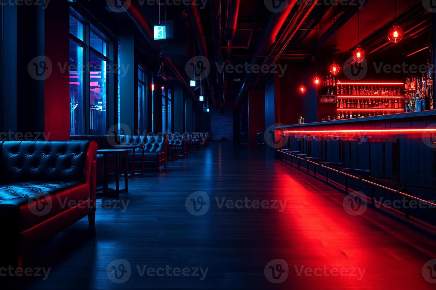 modern bar interior featuring sleek furniture and vibrant neon lights. atmosphere is inviting and stylish, with focus on illuminated bar area and comfortable seating photo