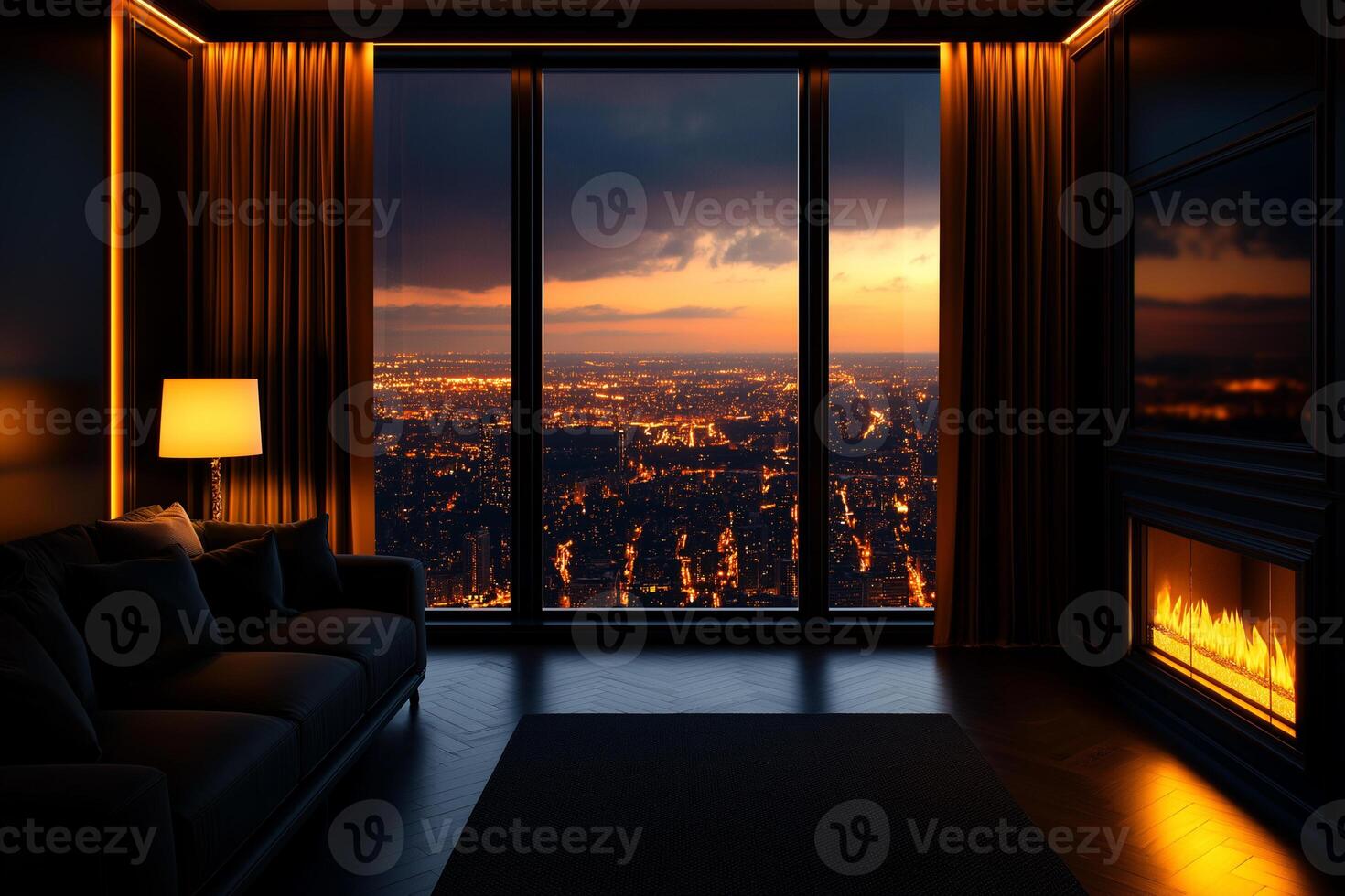 modern living room with stunning city view at sunset, featuring warm lighting, cozy sofa, and fireplace, creating luxurious and inviting atmosphere photo