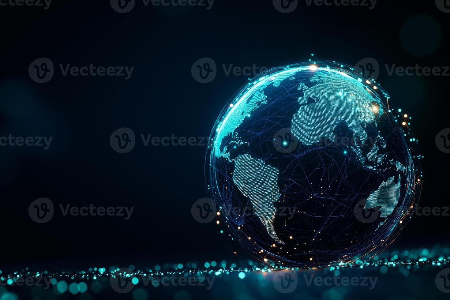 3D rendering of holographic Earth with digital map, showcasing interconnected networks and glowing lights. This represents global connectivity and technology photo