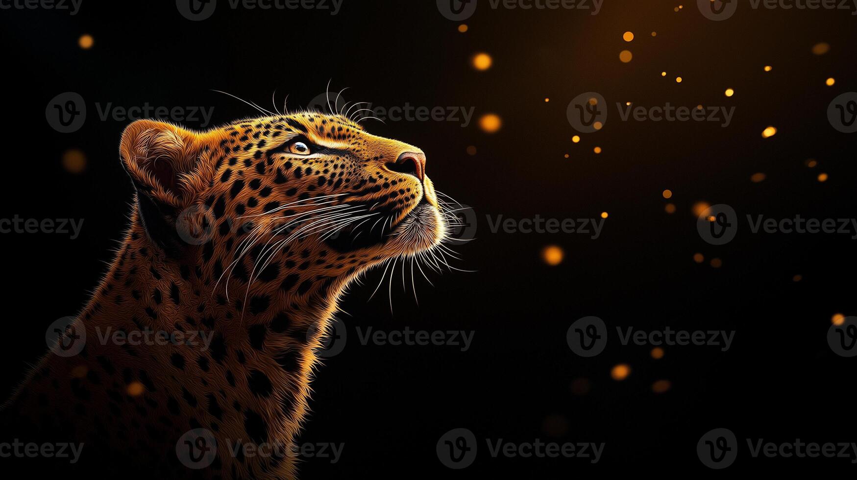 majestic leopard gazes upward, illuminated by soft golden light and surrounded by shimmering particles, creating captivating and serene atmosphere photo