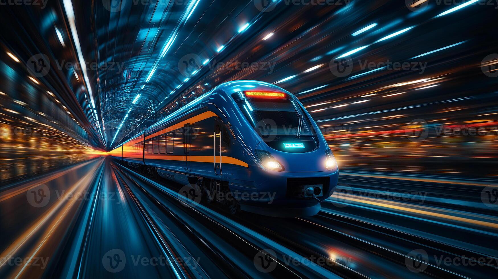 High speed train in motion with blue exterior, creating dynamic blur effect. scene captures essence of speed and modern transportation photo