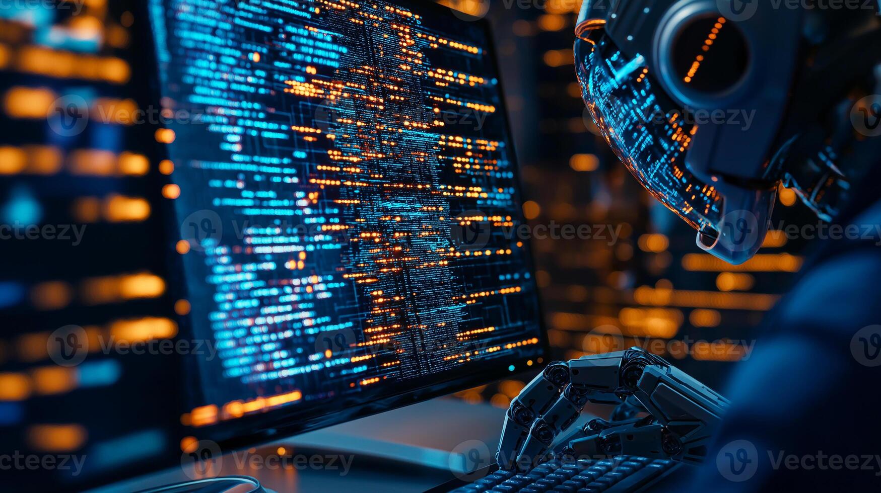futuristic robot working on computer, surrounded by glowing data streams, showcases advanced technology and artificial intelligence in digital environment photo