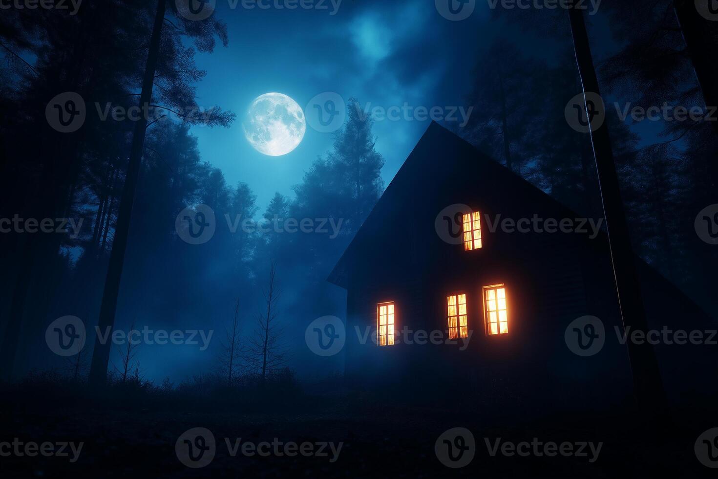 spooky haunted house illuminated by glowing windows under full moon, surrounded by fog and tall trees, creates eerie atmosphere photo