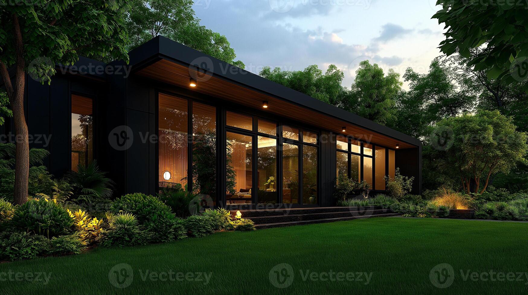Modern house exterior with large windows, lush greenery, and evening lighting, showcasing blend of nature and contemporary architecture photo