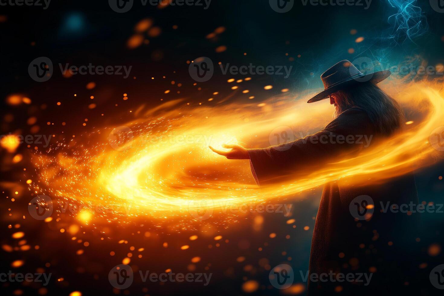 wizard casting fireball spell with swirling flames and magical energy. scene is vibrant and mystical, showcasing power of magic in dark, enchanting atmosphere photo
